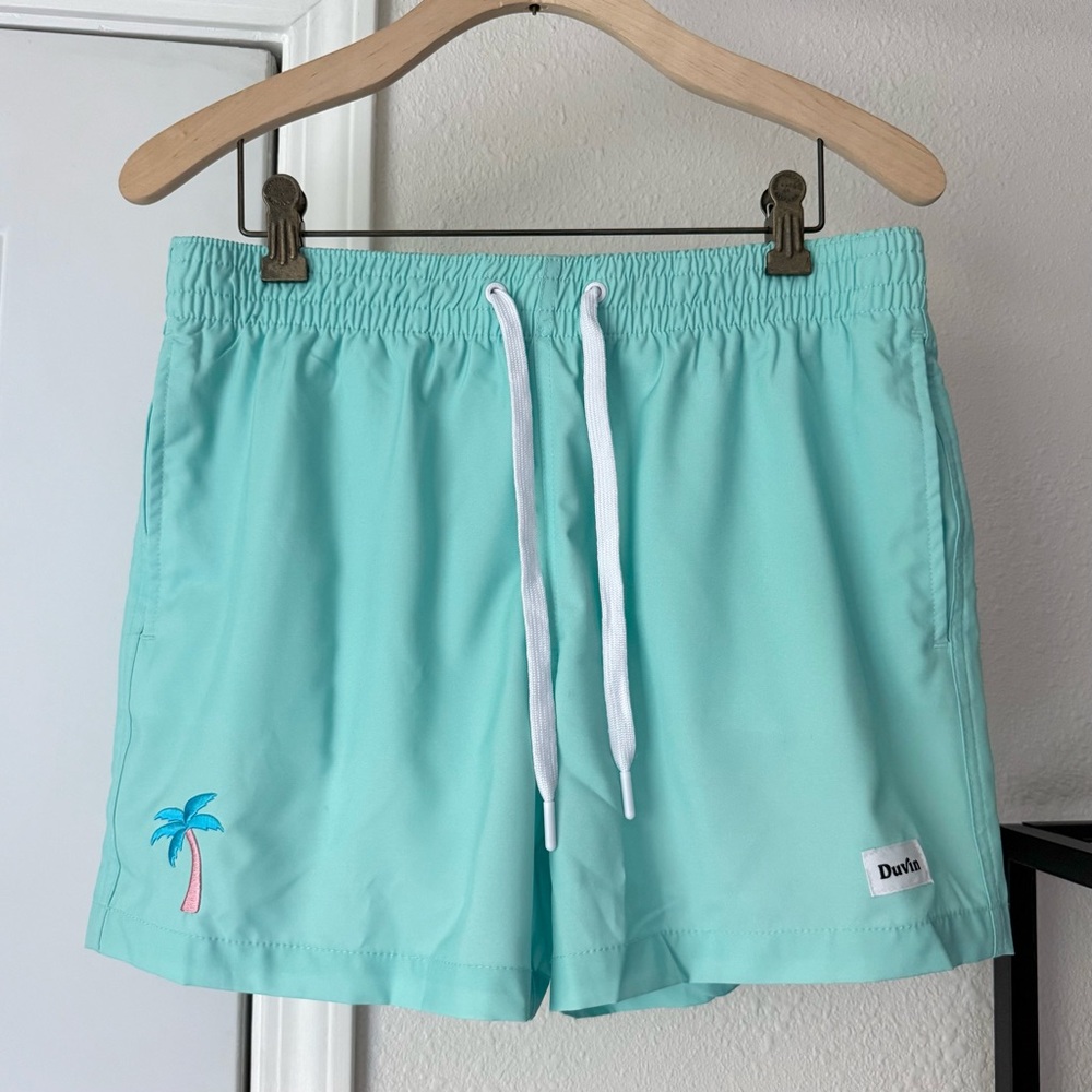 DUVIN mint aqua green beach swim tropical palm tree‎ embroidered logo shorts